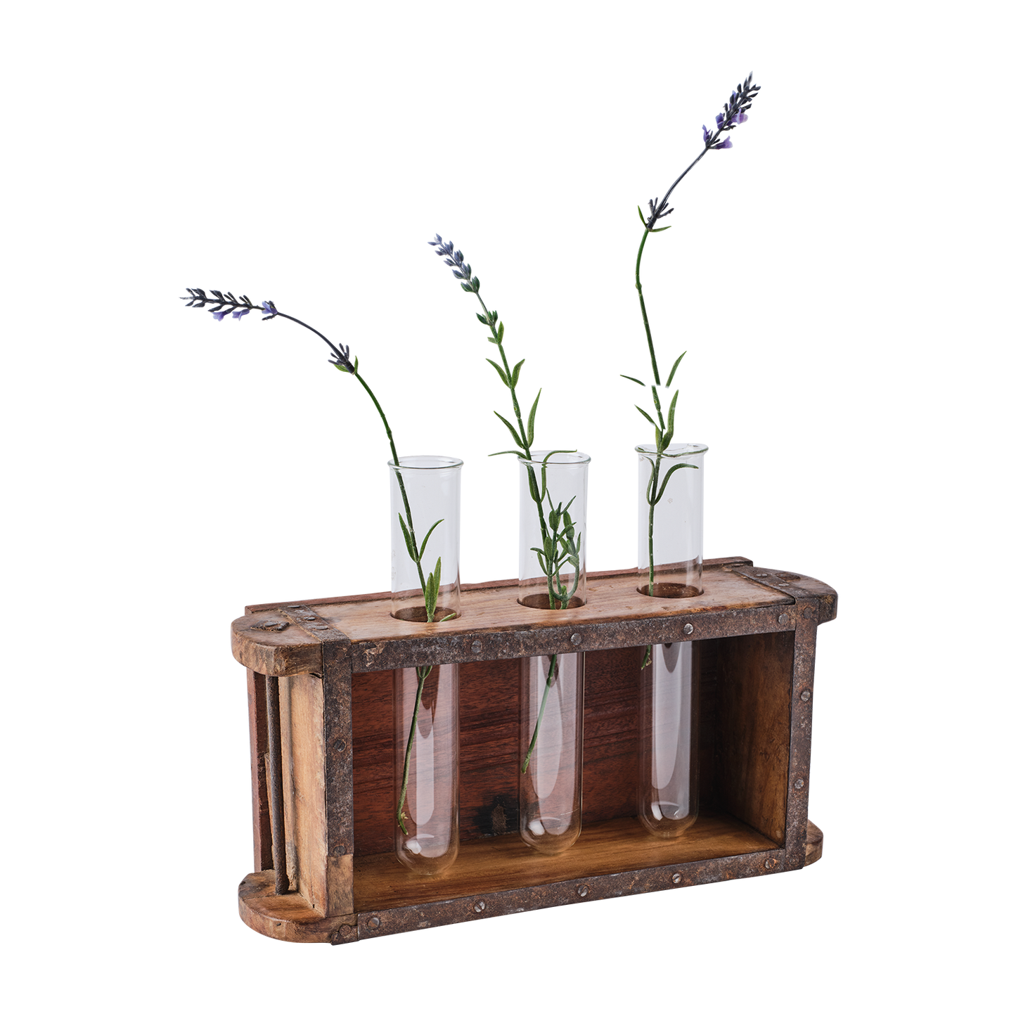 Rustik TREASURE vas med tre glasrör och blommor