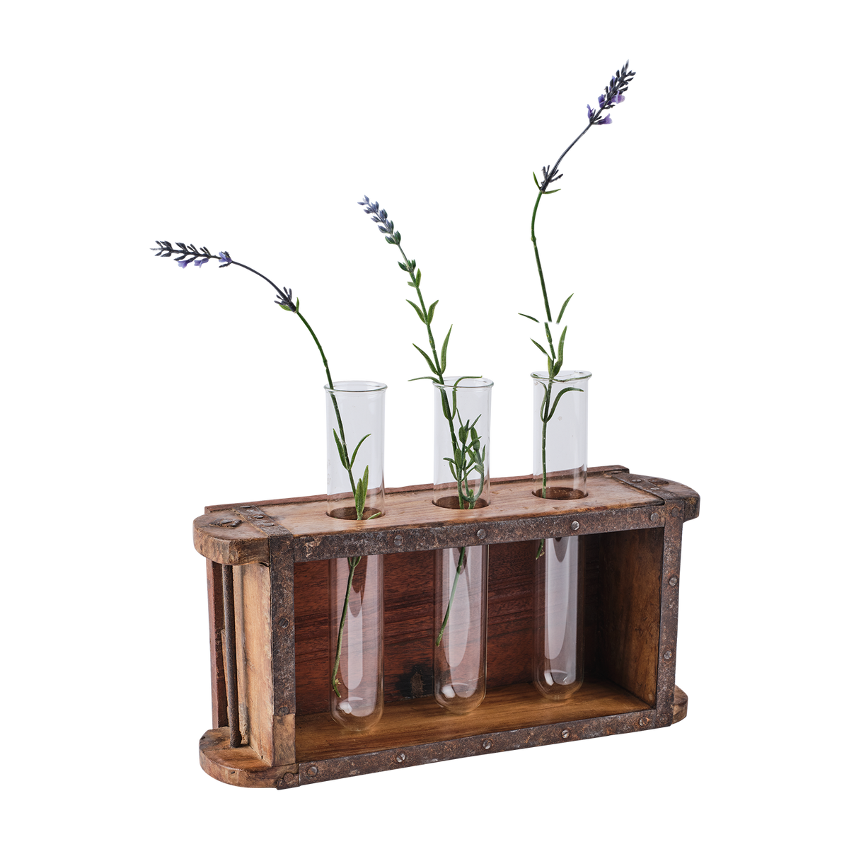 Rustik TREASURE vas med tre glasrör och blommor