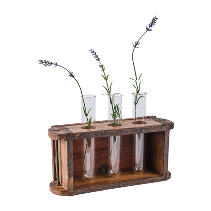 Rustik TREASURE vas med tre glasrör och blommor