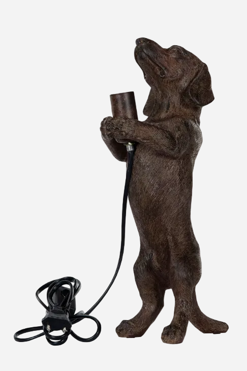 Brun bordslampa i form av en tax, 36 cm hög, med svart sladd