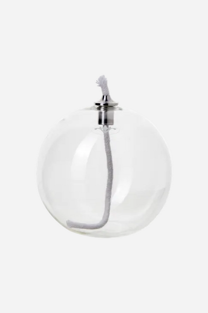 Rund oljelampa i klart glas Ø10 cm med veke och metallbrännare