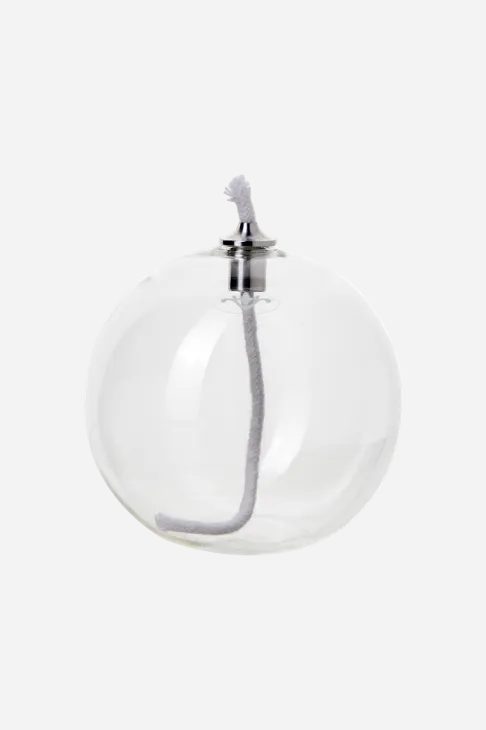 Rund oljelampa i klart glas Ø10 cm med veke och metallbrännare