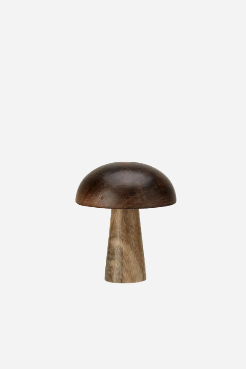 Liten dekorationssvamp Puja i trä med mörkbrun hatt och naturfärgad fot, 10 cm hög.