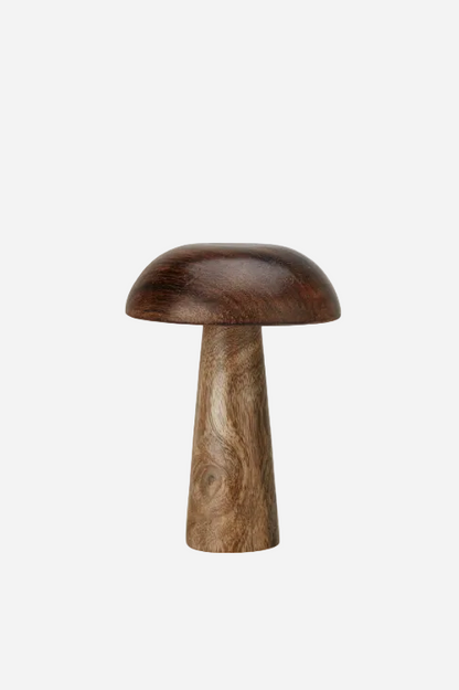 Stor dekorationssvamp Puja i trä med rundad mörkbrun hatt, 15 cm hög.