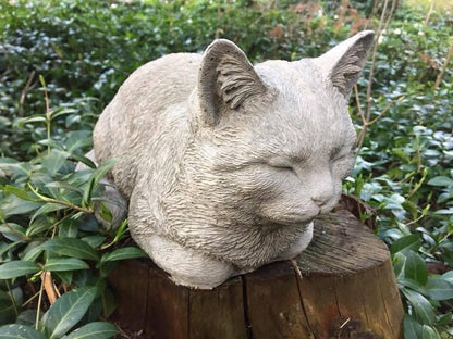 Katten Måns – sovande betongkatt placerad i trädgårdsmiljö på stubbe mellan växter.