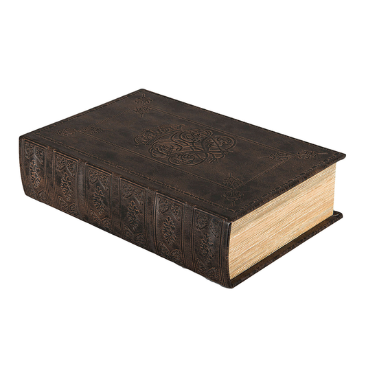 Förvaringsbok i brunsvart vintagestil som liknar ett gammalt skinnband, dekorativ boklåda för praktisk förvaring i hemmet.