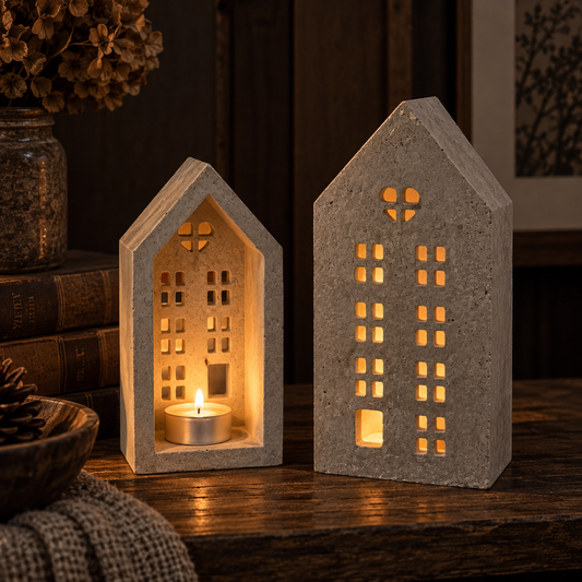Ljuslyktor i betong formade som hus i två storlekar